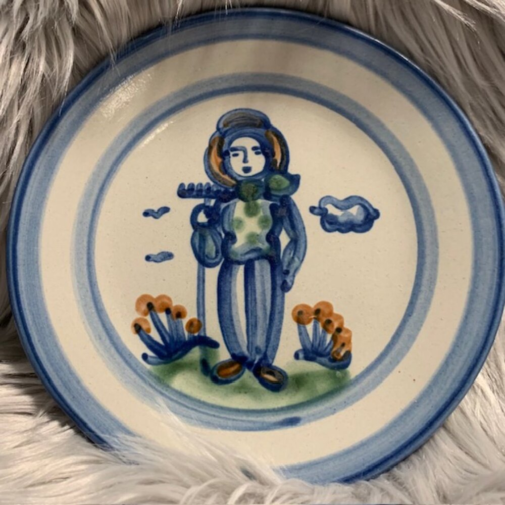 M.A. Hadley Vtg Country Scene Blue Farmer Salad Dessert Plate 7 5/8"